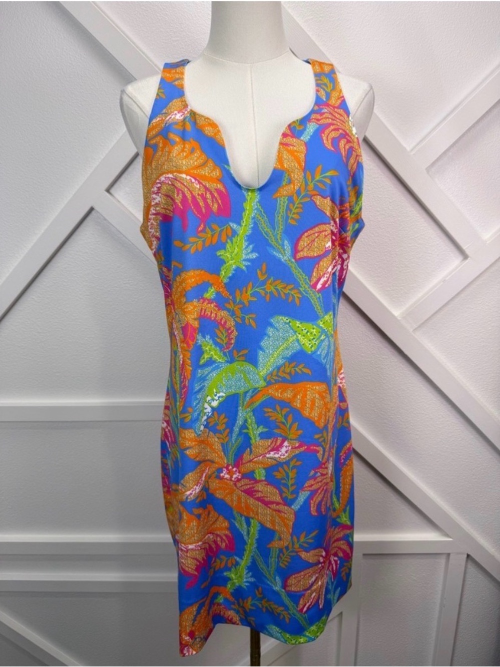Gretchen Scott Designs Blue Tropical Shift Dress with Orange and Pink Print